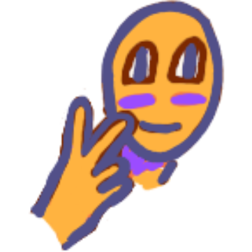 face with big eyes, and hand 2 fingers up, palm facing in, one finger tip touching cheek, the figure is yellow with purple accents and a bluish purple outline